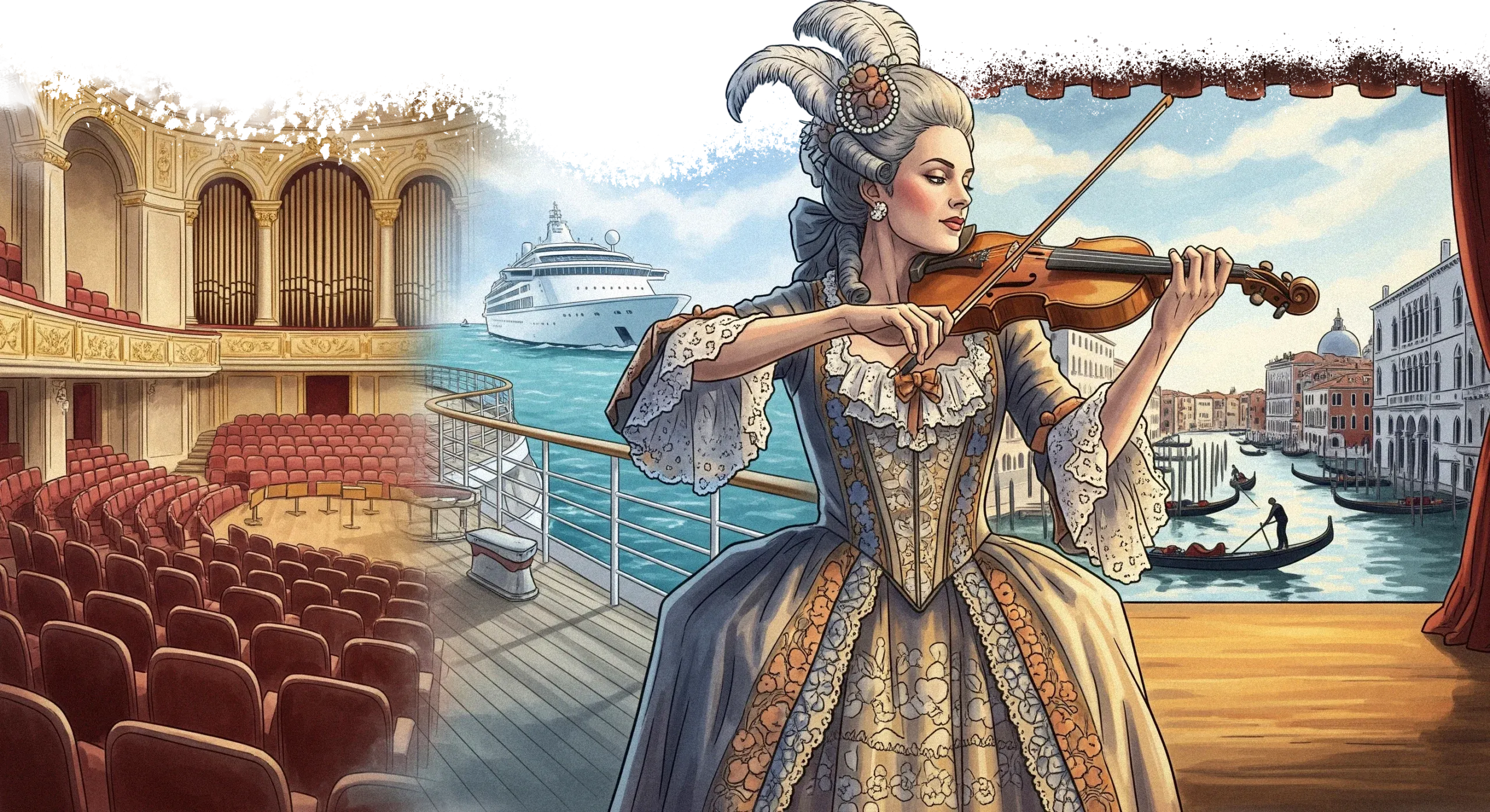 Zwei Frauenmit opulenten, roten Kleidern mit Geigen auf Treppe